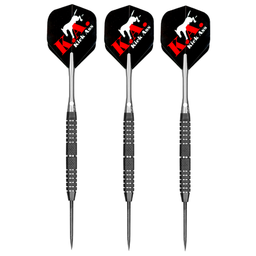 Click here to learn more about the Bottelsen Kick Ass 90% Tungsten Fixed Point Black Steel Coarse Knurl Steel Tip Darts.