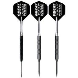 Click here to learn more about the Bottelsen Great White Edge Grip Black Steel Fixed Point Tungsten Steel Tip Darts.