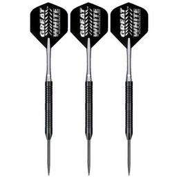 Click here to learn more about the Bottelsen Great White Edge Grip Black Steel Fixed Point Tungsten Steel Tip Darts.